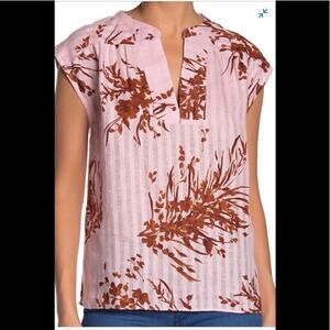 Joie Linen Top Womens Small Linen Split Neck Floral Resort Boxy Pink Brow